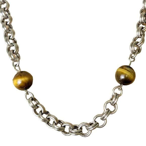 Vintage Jewelry - Vintage 80s Tigers Eye Bead Chain Necklace Women Silver Jewelry Crystal Gemstone